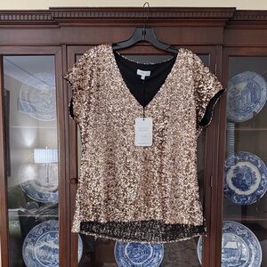 S’EDGE Rose Gold Sequin V-Neck Women's Top